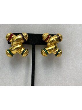 Vintage Knot Gold Tone Multicolor Clip On Earrings Retro Modernist